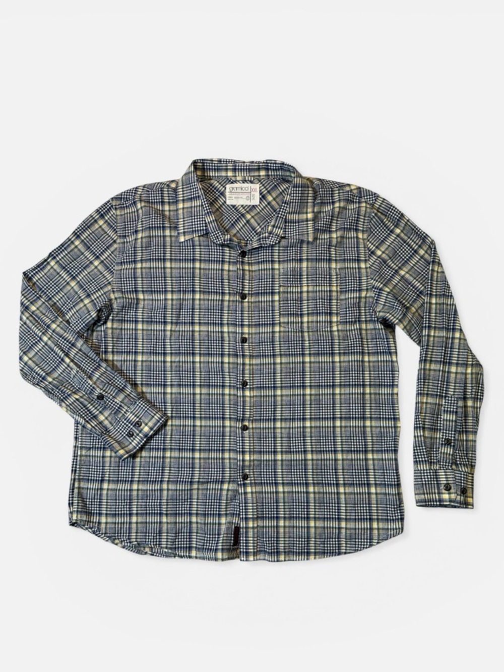 Gramicci mens 2XL XXL yellow blue check plaid lightweight button up shirt EUC